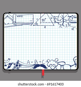 Vector Notebook with Shadows and Hand Drawn Doodles. Science and Education Theme Elements on a Checkered Background.
