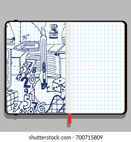 Vector Notebook with Shadows and Hand Drawn Doodles. Science and Education Theme Elements on a Checkered Background.