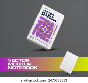 Vector notebook template with elastic band, stylish diagonal presentation, gradient geometric illustration on hard cover. Fashion diary mockup, blank book for notes, isolated on gray background