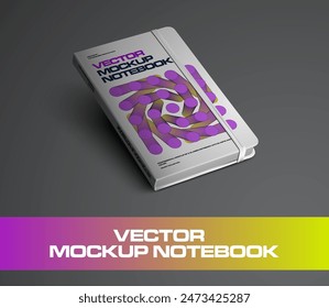 Vector notebook template with elastic band, abstract design on hard cover, diagonal presentation with raised edge. Mockup illustration of notepad, closed diary for notes, sketch,isolated on background