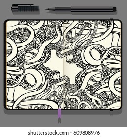 Vector Notebooks with Fine Liner Pen and Hand Drawn Doodles. Hand-drawn illustration Octopus. Sea Life Theme.