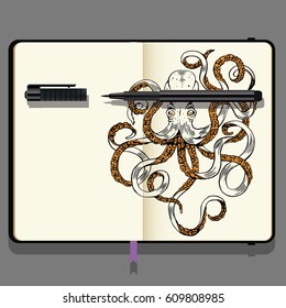 Vector Notebooks with Fine Liner Pen and Hand Drawn Doodles. Hand-drawn illustration Octopus. Sea Life Theme.