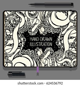 Vector Notebooks with Fine Liner Pen and Hand Drawn Doodles. Hand-drawn illustration Octopus. Sea Life Theme.