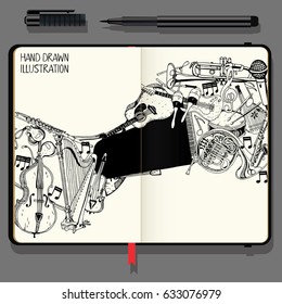 Vector Notebooks with Fine Liner Pen and Hand Drawn Doodles. Collection of Music Instruments. Music and Recreation Time Concept. Black and White illustration.