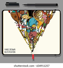 Vector Notebooks with Fine Liner Pen and Hand Drawn Doodles. Collection of Music Instruments. Music and Recreation Time Concept.