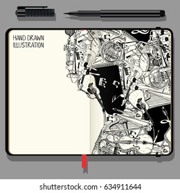 Vector Notebooks with Fine Liner Pen and Hand Drawn Doodles. Collection of Music Instruments. Music and Recreation Time Concept. Black and White illustration.