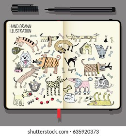 Vector Notebooks with Fine Liner Pen and Hand Drawn Doodles. Funny Dogs Set.