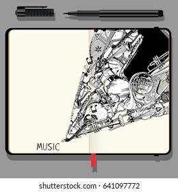 Vector Notebooks with Fine Liner Pen and Hand Drawn Doodles. Collection of Music Instruments. Music and Recreation Time Concept. Black and White illustration.