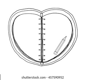 vector notebooks Heart Shape and pencil hand drawn  on white background painting line  art illustration