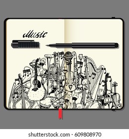 Vector Notebooks with Pen and Hand Drawn Doodles. Collection of Music Instruments. Music and Recreation Time Concept.