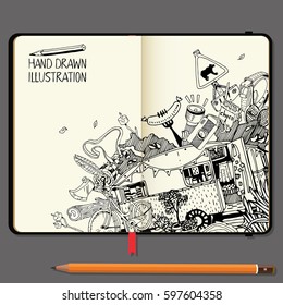 Vector Notebooks with Pencil and Hand Drawn Doodles. Adventure Camping Objects. Travel and Recreation Time Concept.
