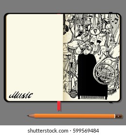 Vector Notebooks with Pencil and Hand Drawn Doodles. Collection of Music Instruments. Music and Recreation Time Concept. 
