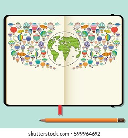 Vector Notebooks with Pencil and Hand Drawn Doodles. Health Day Concept. Planet Earth with Hot Air Balloons.