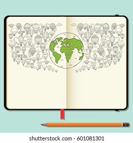 Vector Notebooks with Pencil and Hand Drawn Doodles. Health Day Concept. Planet Earth with Hot Air Balloons.