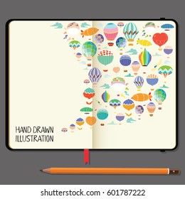 Vector Notebooks with Pencil and Hand Drawn Doodles. Different Hot Air Balloons. Travel and Recreation Time Concept.