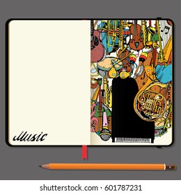 Vector Notebooks with Pencil and Hand Drawn Doodles. Collection of Music Instruments. Music and Recreation Time Concept. 