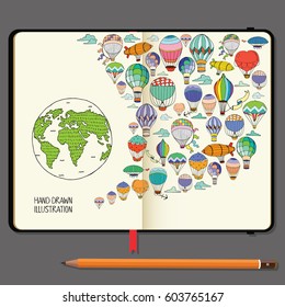 Vector Notebooks with Pencil and Hand Drawn Doodles. Health Day Concept. Planet Earth with Hot Air Balloons.