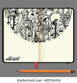 Vector Notebooks with Pencil and Hand Drawn Doodles. Collection of Music Instruments. Music and Recreation Time Concept. 