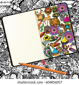 Vector Notebooks with Pencil and Hand Drawn Doodles. Different Indian Elements. Travel and Recreation Time Concept.
