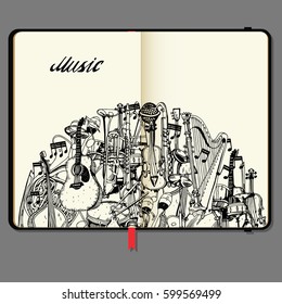 Vector Notebooks with Shadows and Hand Drawn Doodles. Collection of Music Instruments. Music and Recreation Time Concept. 