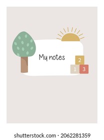 Vector notepad cover page child with tree, sun, cubes for booklet, planner, and diary template.