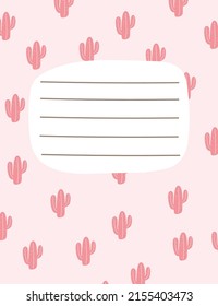Vector notepad cover page child with pink cactus for booklet, planner, and diary template