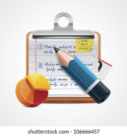 Vector notepad with notes, pie chart, pencil on clipboard icon