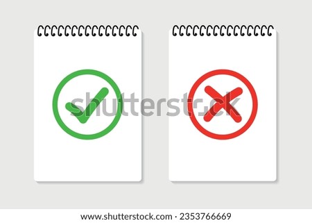 Vector notepad in realistic style with check mark and cross, cancel and agree sign, white piece of paper