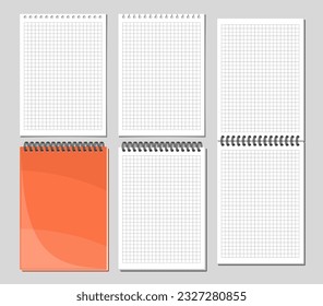 Vector Notepad Set, collection of 5 cut out illustrations of various checkered notepad pages, group of opened and closed spiral notepads on grey background, set of white a4 format vertical copy spaces