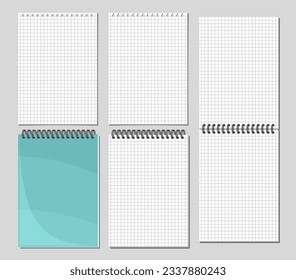 Vector Notepad Set, collection of 5 cut out illustrations of different grid notepad pages, group of opened and closed spiral notepads on grey background, set of white a4 format vertical copy spaces