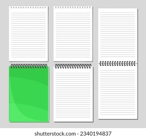 Vector Notepad Set, collection of 5 cut out illustrations of various lined empty notepad pages, group of opened and closed bind notepads on grey background, set of white a4 format vertical copyspaces