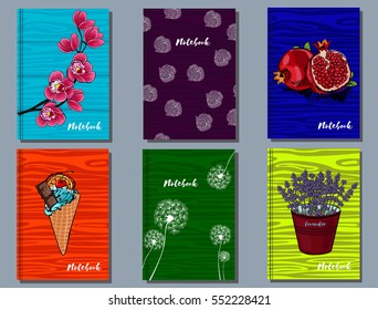 Vector notepad set, with orchid, inter cherry, garnet, ice cream, dandelion and lavender
