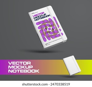 Vector notepad template with elastic band, notepad presentation diagonally in the air, gradient geometric illustration on hardcover. Diary mockup, book for notes, sketch isolated on gray background