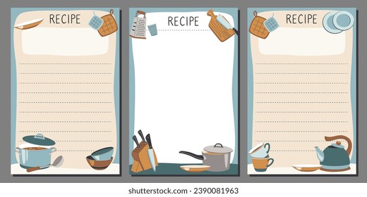 Plantilla de bloc de notas vectorial con recetas. Libro de recetas de cocina en un estilo sencillo con ilustraciones