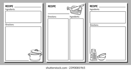 Vector notepad template with recipes. A minimalistic kitchen recipe book with illustrations