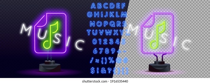 Vector notes neon sign. Music and sound concept. Advertisement design. Night bright neon sign, colorful billboard, light banner. Vector illustration in neon style.