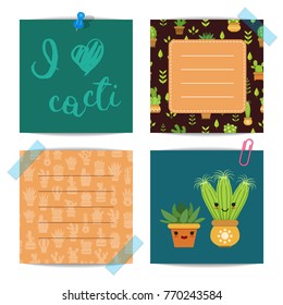 Vector notes set with lettering and cacti elements in pots flat style illustration