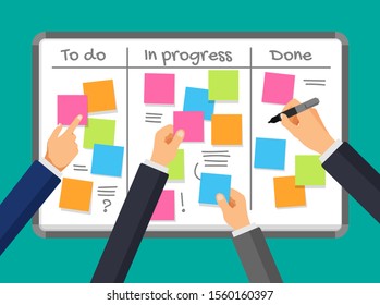 Vector notice board and business planning. Schedule on a task board. Sticker board with the businessman hands. Empty notes on a white board. Teamwork and business time management concept.	