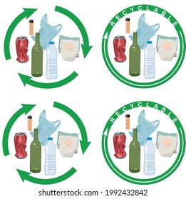 Vector notices that can be used for collection points for recyclable materials. In 2 upper vectors recyclable items are placed on a white background inside a green circle. No background in 2 others.