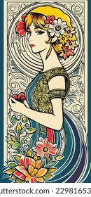 vector nouveau girl illustration in floral theme.