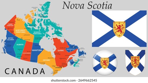 Vector of Nova Scotia coat of arms, flag and map. Suitable for Canadian themed graphics, history, education, and provincial identity designs.