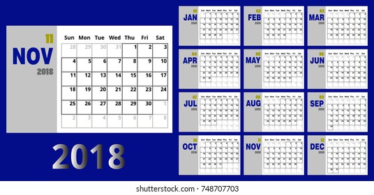 Vector november 2018 new year calendar blue and yellow color,Holiday event planner,Week Starts Sunday