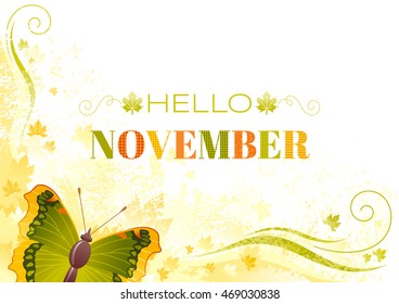Vector november autumn background with butterfly insect, leaf, abstract wave line, swirl, natural logo, copy space. Seasonal vector illustration in abstract modern style with text lettering.