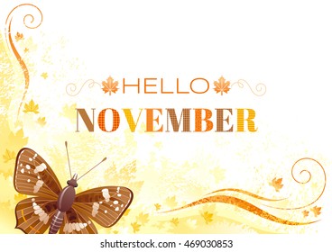 Vector november autumn background with butterfly insect, yellow leaf, abstract wave line, swirl, natural logo, copy space. Seasonal vector illustration in abstract modern style with text lettering.