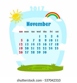 Vector November Calendar Icon with sky, rainbow, clouds and sun background.
