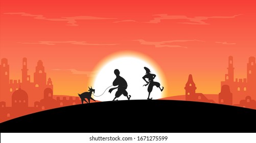 vector Novruz Bayram celebration, national Azerbaijan character Kosa and Kechel bringing a goat the symbol of Spring to the town ant sunset