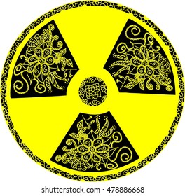 Vector nuclear danger warning sign drawn in doodle style with floral motives. Ecological conception, opposition of nature and industry
