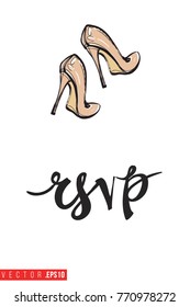 Vector nude heels with motivational text: rsvp. Fashion accessory illustration in glamour style for beauty salon, shop, blog print. Isolated symbol on white background.