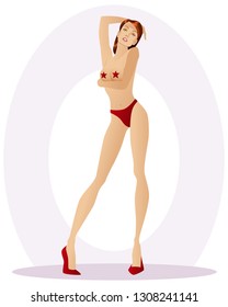 Vector nude model girl in red underwear. Attractive woman in yellow hat on isolated on light background.