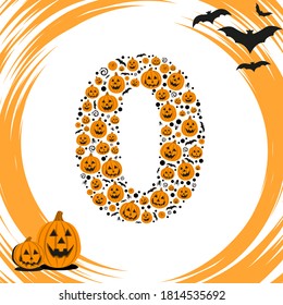 Vector número 0 al estilo de Halloween con calabazas, murciélagos y arañas